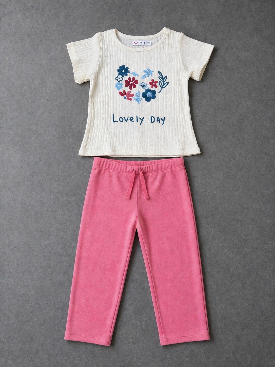 YUKTH KIDS Girls' Cotton Floral Chest Embroidery T-shirt and Trousers Set