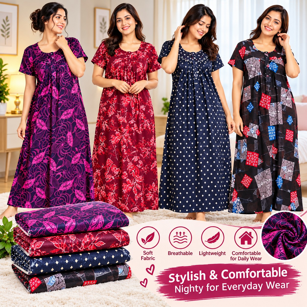 Mixed Combo Women’s Printed Nighty – Comfortable Daily Wear Nightdress