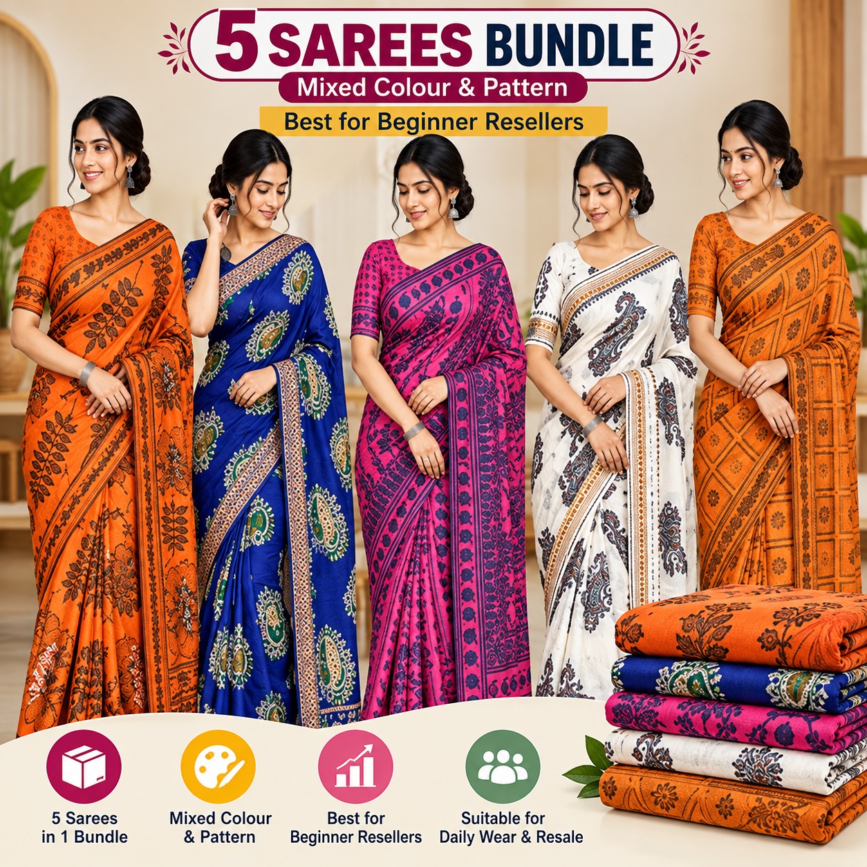 Mixed Combo Women’s Printed Saree – Assorted Random Colors & Designs