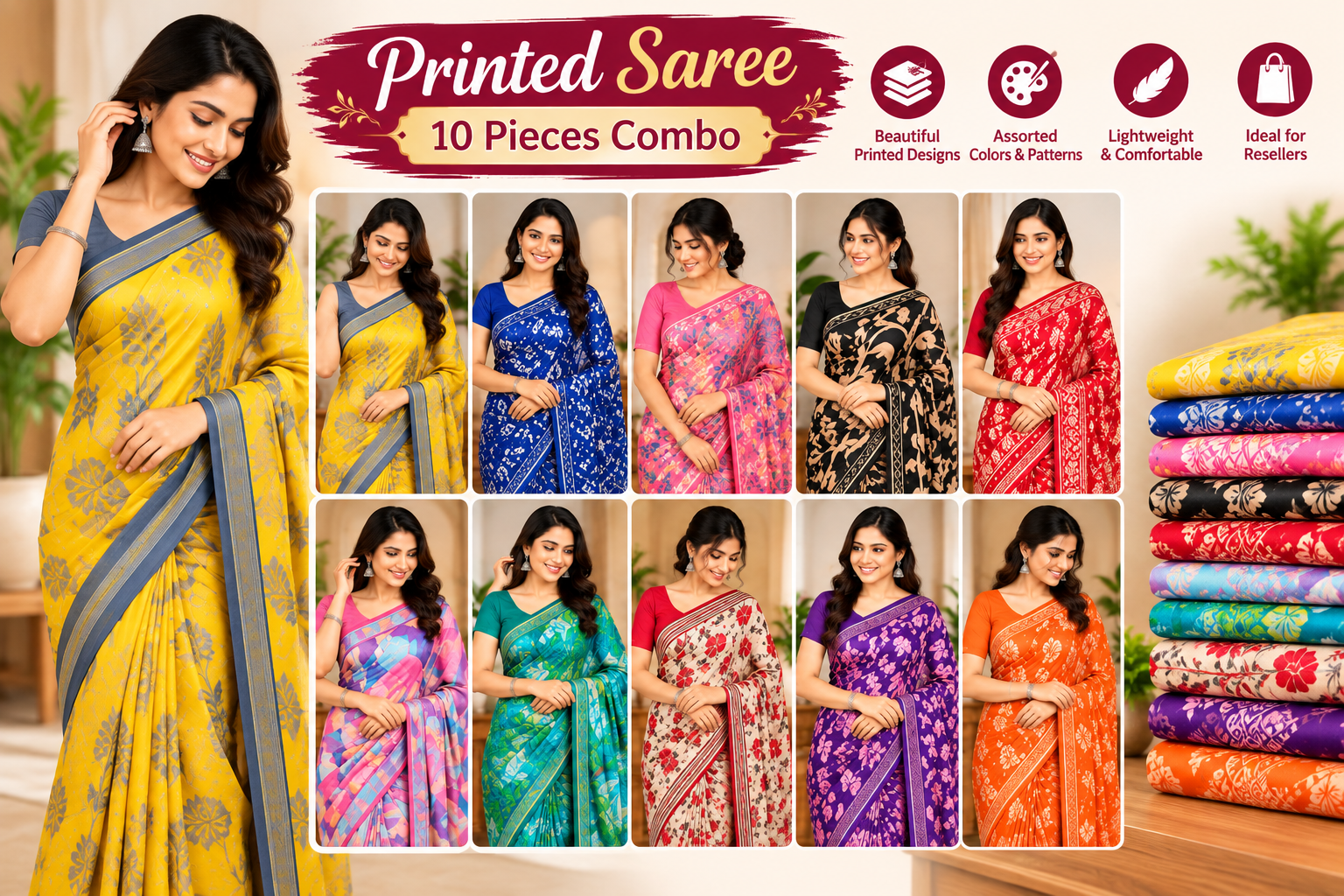 Mixed Combo Women’s Printed Saree – Assorted Designs & Random Colors