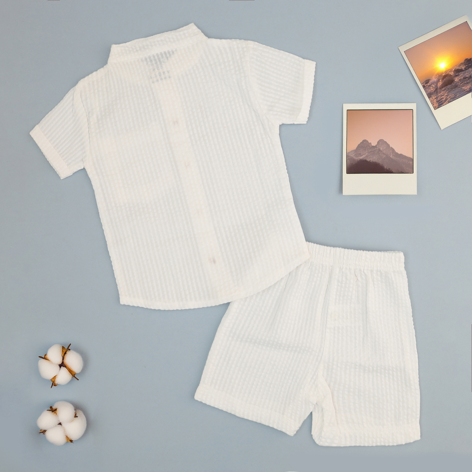 Boys Chinese Collar Seersucker Cotton Shirt & Shorts Set