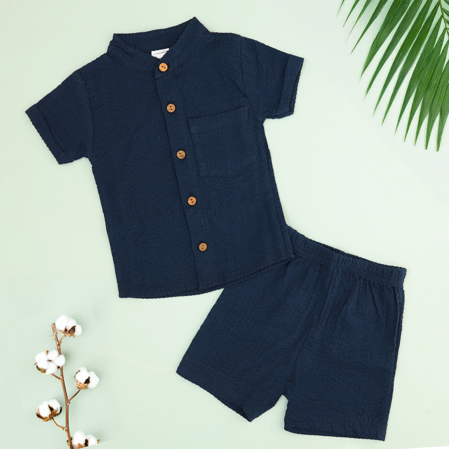 Boys Chinese Collar Seersucker Cotton Shirt & Shorts Set