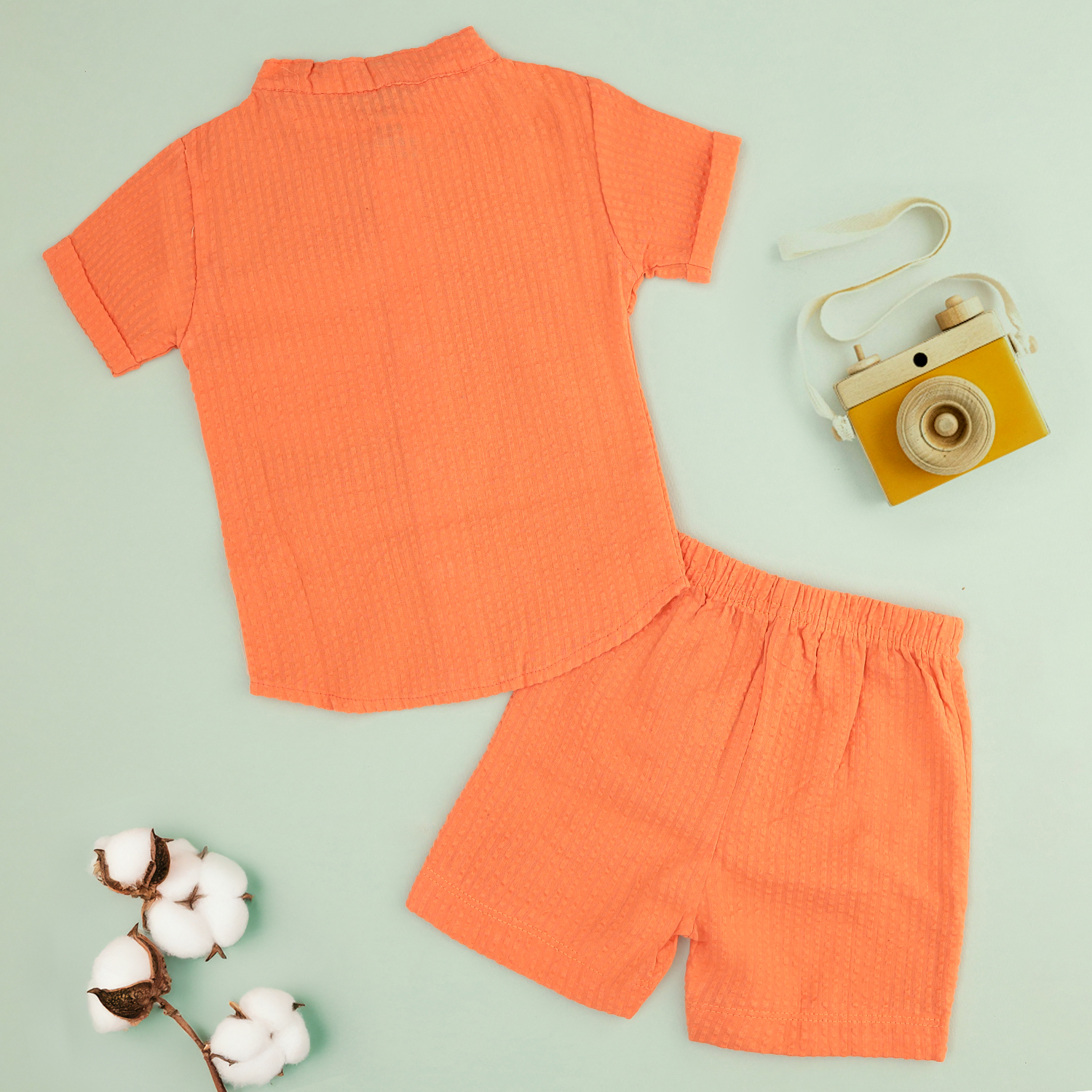 Boys Chinese Collar Seersucker Cotton Shirt & Shorts Set