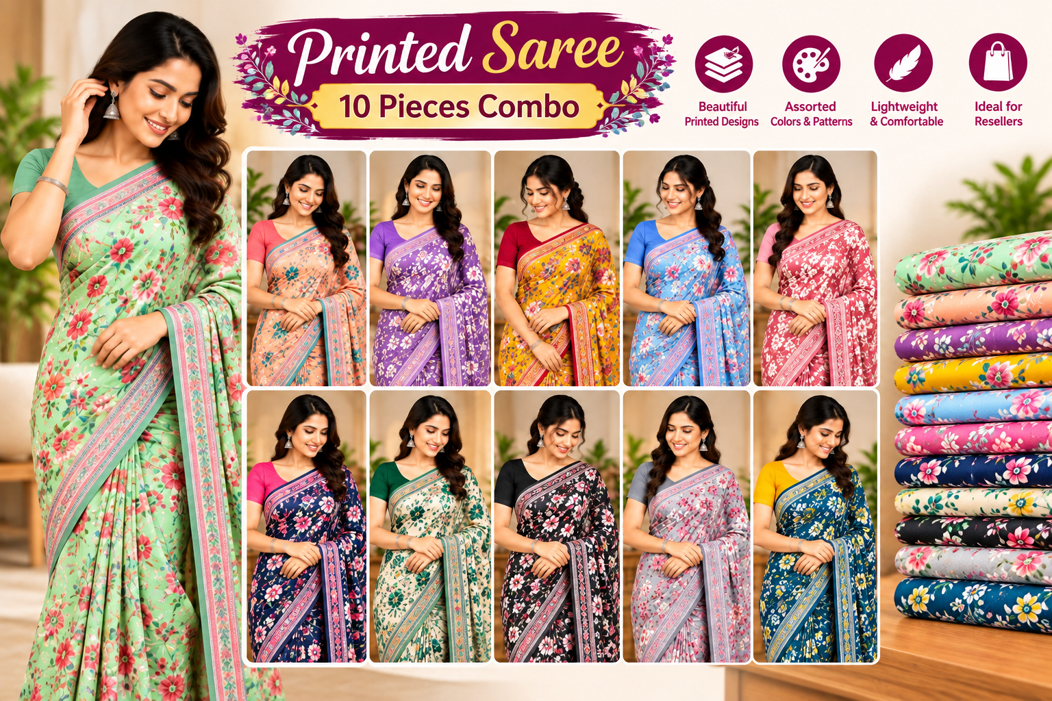 Printed Floral Saree 10 Pieces Combo Pack – Assorted Colours & Designs for Resellers