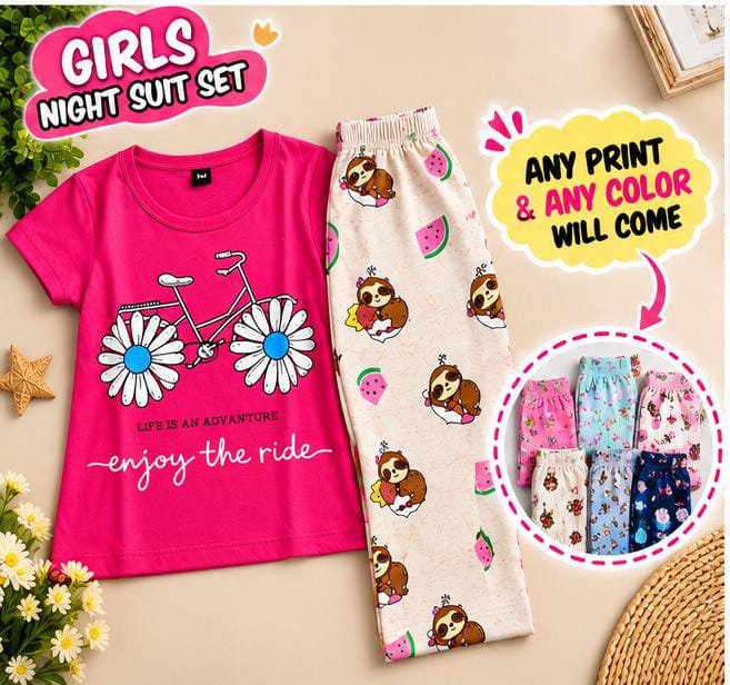 2 to 12 yrs  (6 size) Combo (Random Colour & Print) Girls Printed Night Suit Set – Half Sleeve T-Shirt & Pyjama
