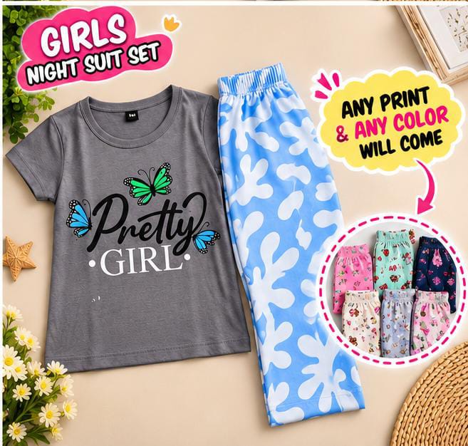 2 to 12 yrs  (6 size) Combo (Random Colour & Print) Girls Printed Night Suit Set – Half Sleeve T-Shirt & Pyjama