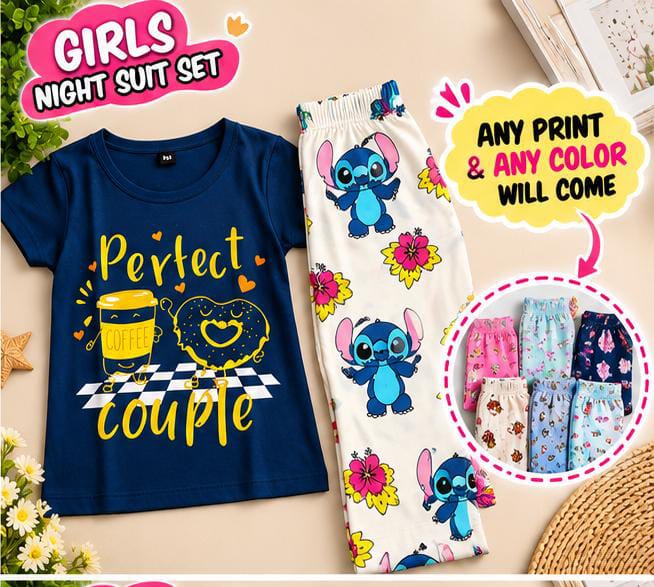 2 to 12 yrs  (6 size) Combo (Random Colour & Print) Girls Printed Night Suit Set – Half Sleeve T-Shirt & Pyjama