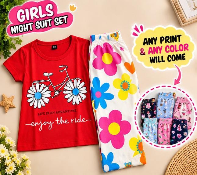 2 to 12 yrs  (6 size) (Random Colour & Print) Girls Printed Night Suit Set – Half Sleeve T-Shirt & Pyjama