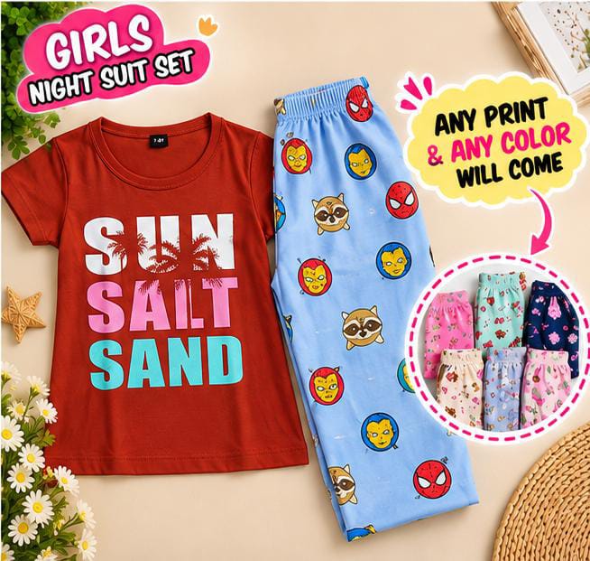 2 to 12 yrs  (6 size) (Random Colour & Print) Girls Printed Night Suit Set – Half Sleeve T-Shirt & Pyjama