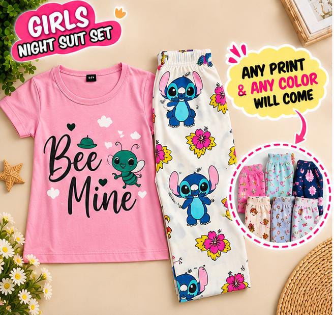 2 to 12 yrs  (6 size) (Random Colour & Print) Girls Printed Night Suit Set – Half Sleeve T-Shirt & Pyjama