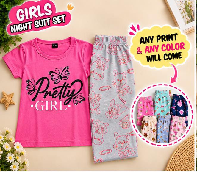 2 to 12 yrs  (6 size) (Random Colour & Print) Girls Printed Night Suit Set – Half Sleeve T-Shirt & Pyjama