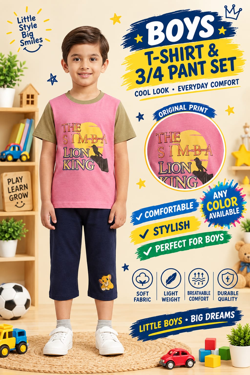 1yrs to 7yrs(4 size) (Random Colour Available) Boys Printed T-Shirt & 3/4 Pant Set – Casual Kidswear