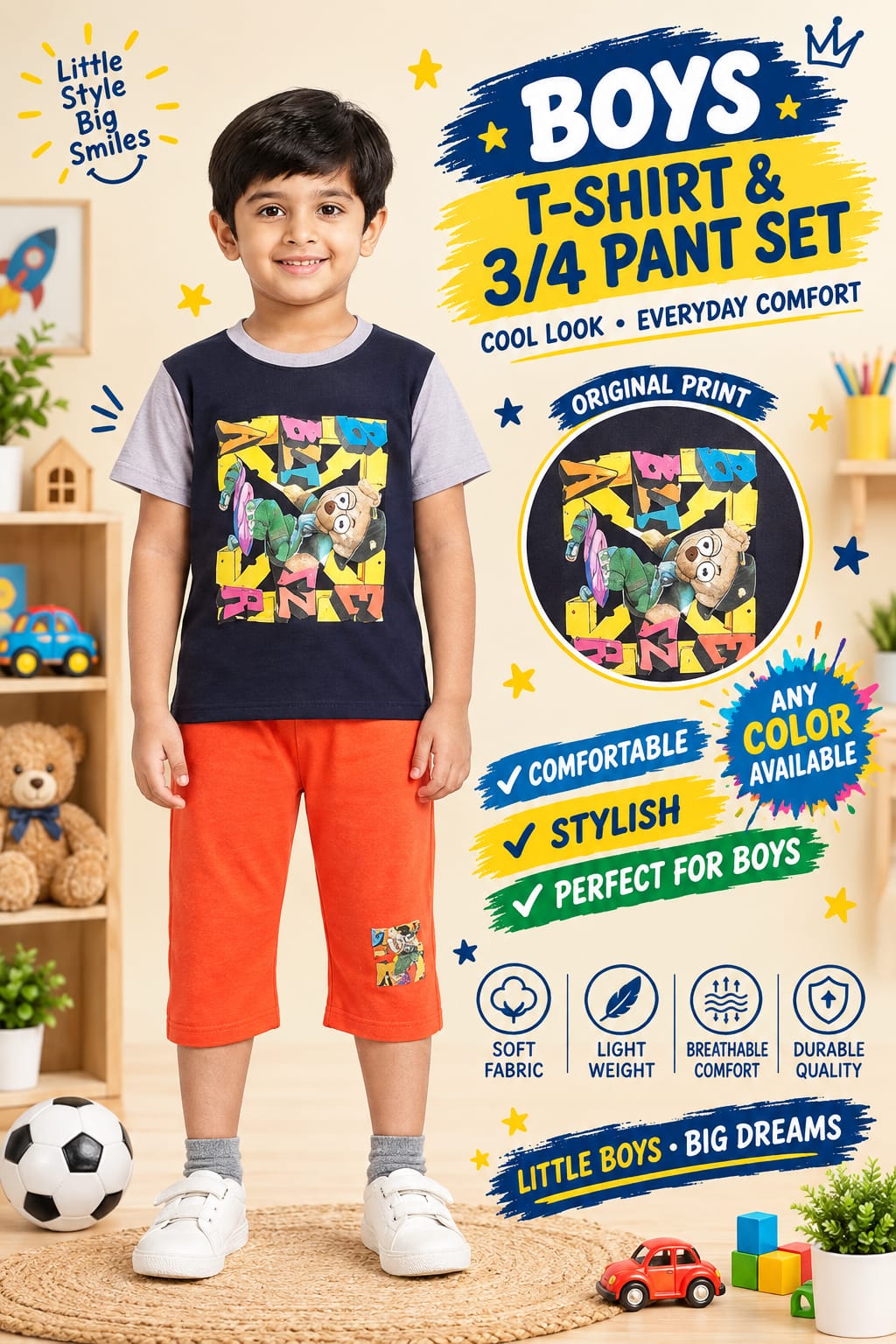 1yrs to 7yrs(4 size) (Random Colour Available) Boys Printed T-Shirt & 3/4 Pant Set – Casual Kidswear