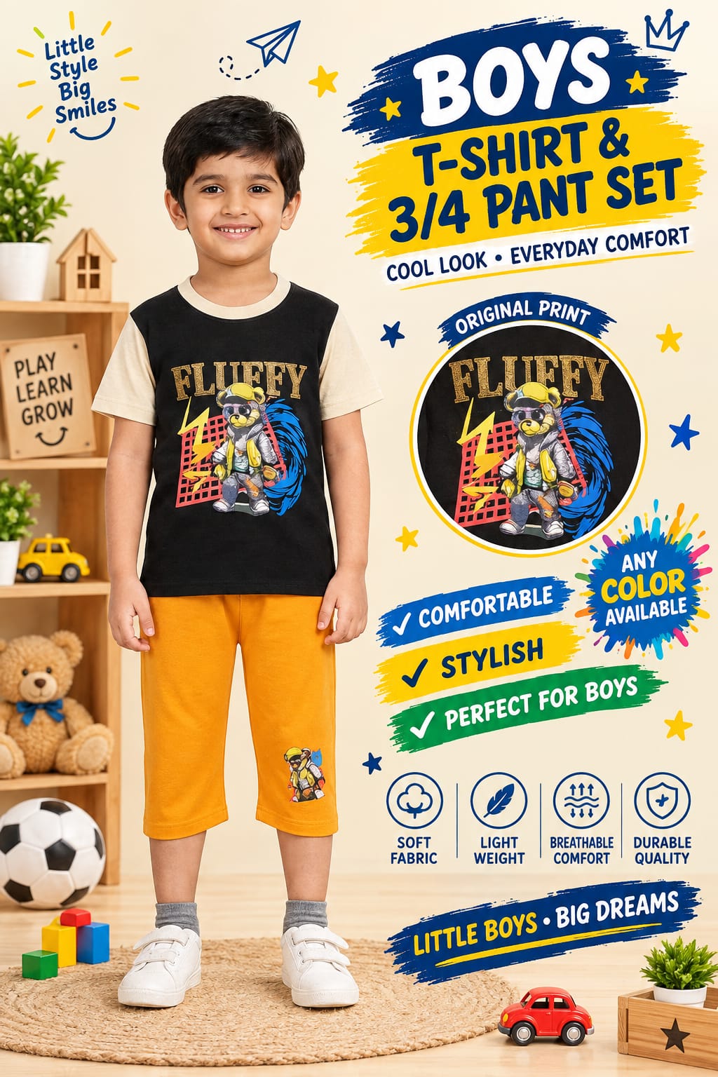 1yrs to 7yrs(4 size) (Random Colour Available) Boys Printed T-Shirt & 3/4 Pant Set – Casual Kidswear