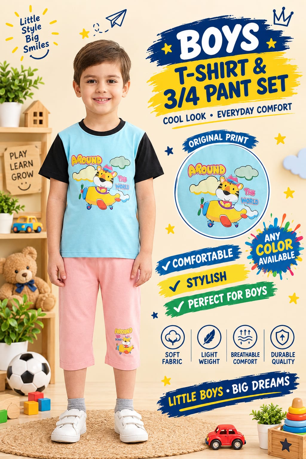 1yrs to 7yrs(4 size) (Random Colour Available) Boys Printed T-Shirt & 3/4 Pant Set – Casual Kidswear
