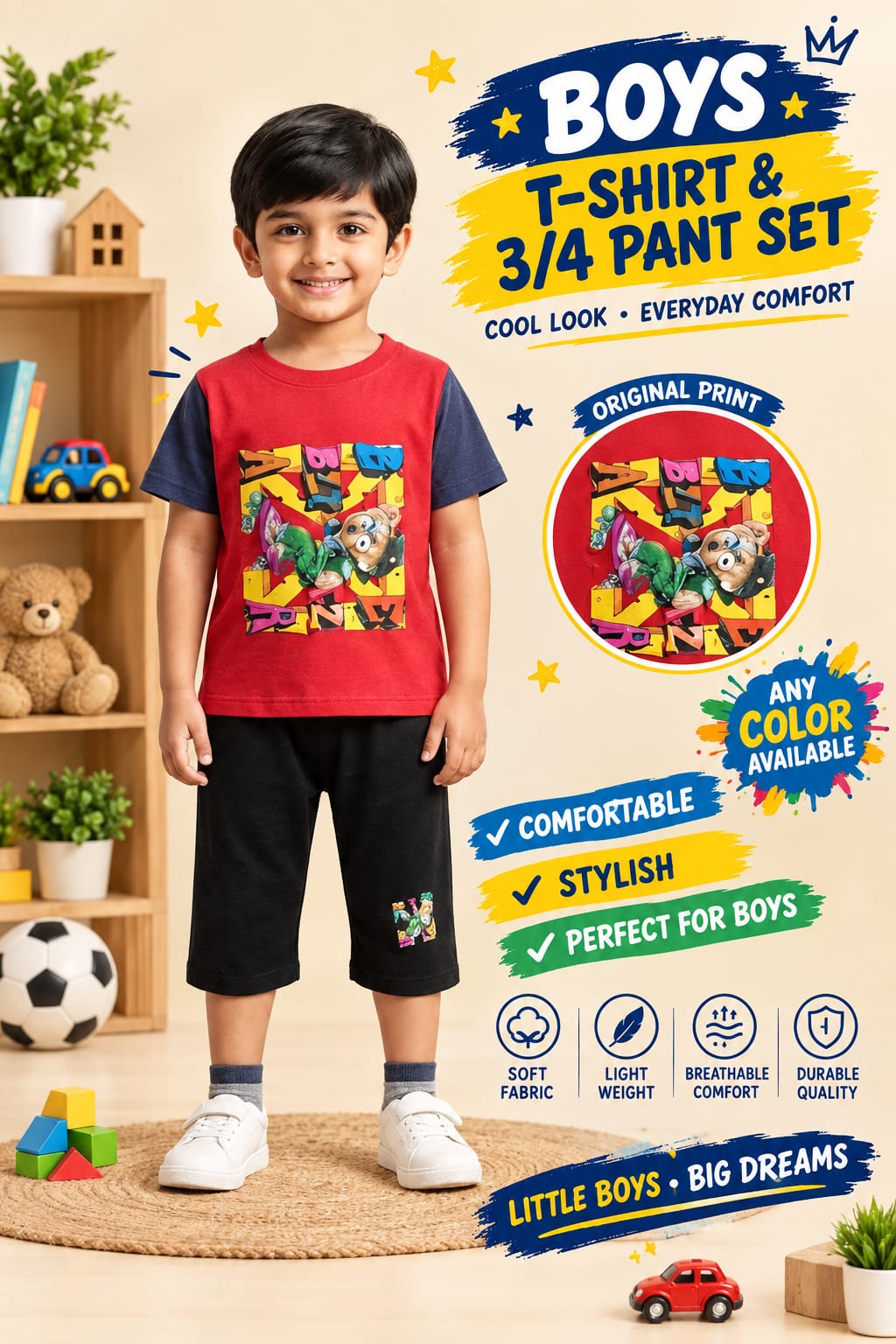 1yrs to 7yrs(4 size) (Random Colour Available) Boys Printed T-Shirt & 3/4 Pant Set – Casual Kidswear
