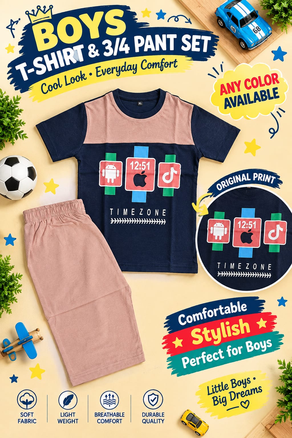 1yrs to 7yrs(4 size) (Random Colour & Print) Boys Printed T-Shirt & 3/4 Pant Set – Casual Kidswear