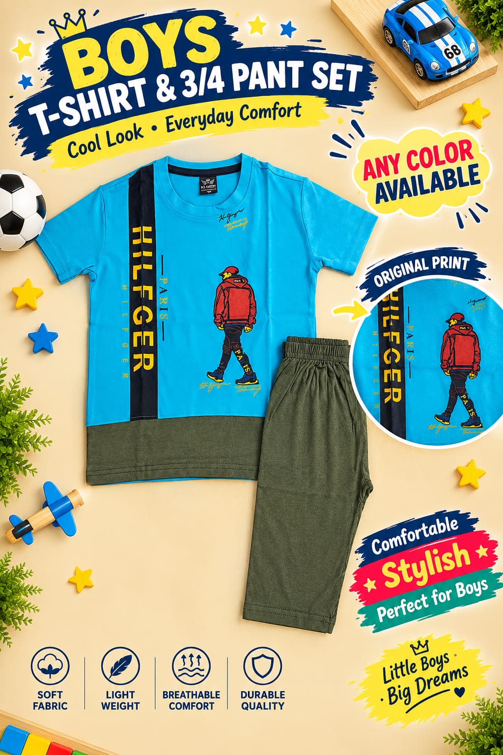 1yrs to 7yrs(4 size) (Random Colour & Print) Boys Printed T-Shirt & 3/4 Pant Set – Casual Kidswear