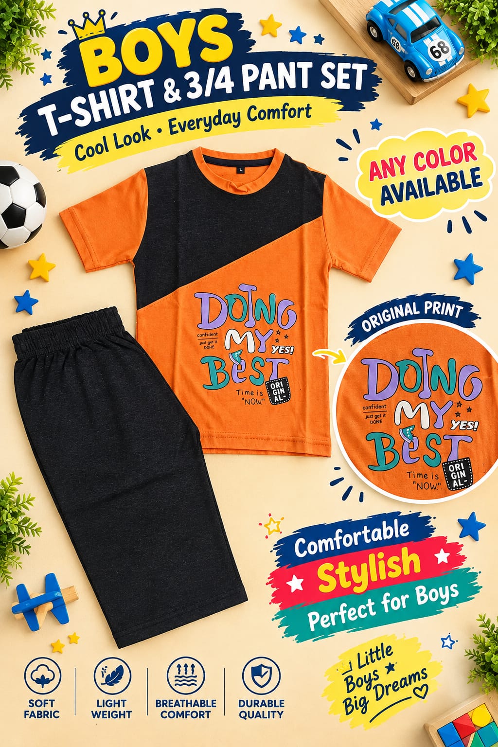 1yrs to 7yrs(4 size) (Random Colour & Print) Boys Printed T-Shirt & 3/4 Pant Set – Casual Kidswear