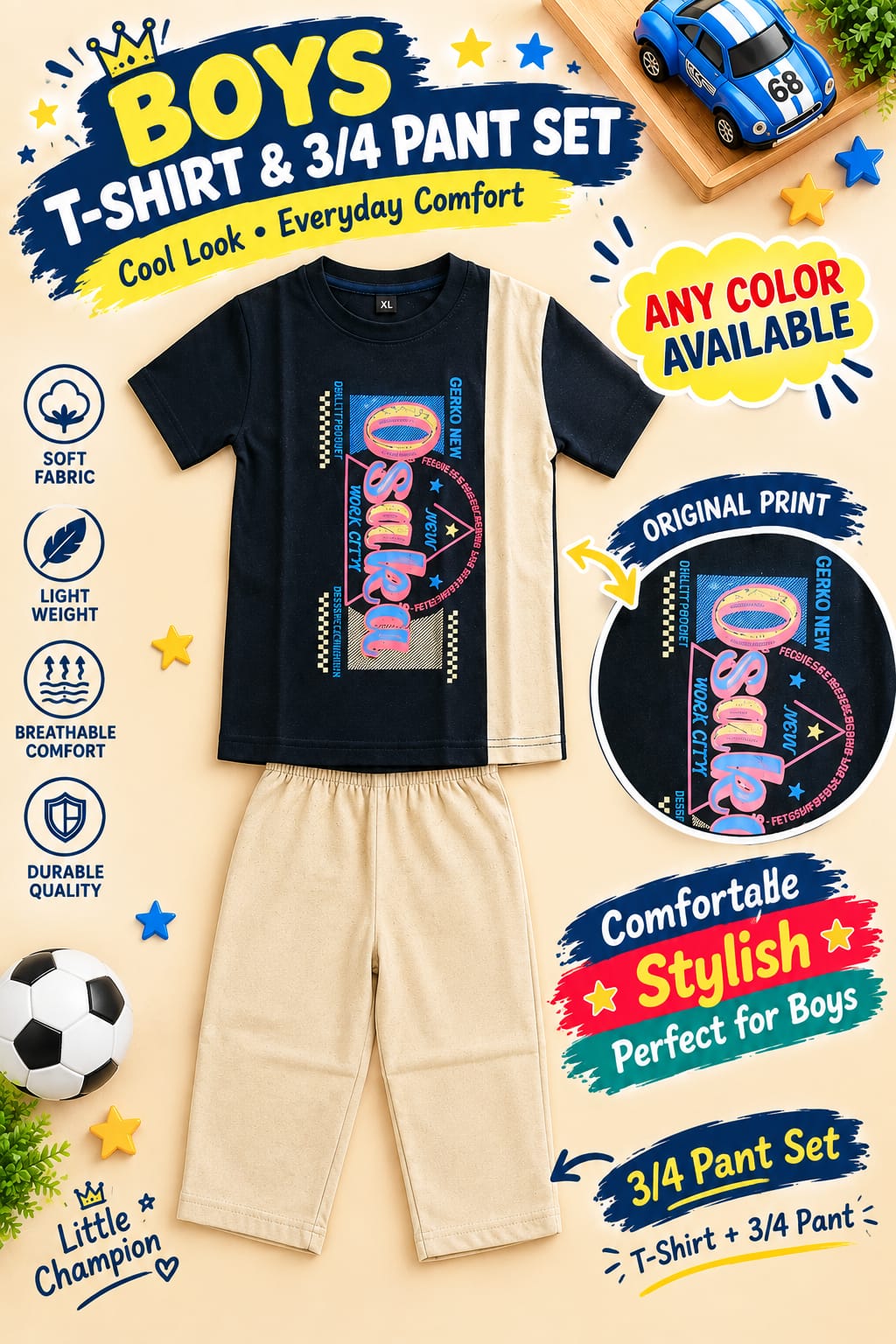 1yrs to 7yrs(4 size) (Random Colour & Print) Boys Printed T-Shirt & 3/4 Pant Set – Casual Kidswear