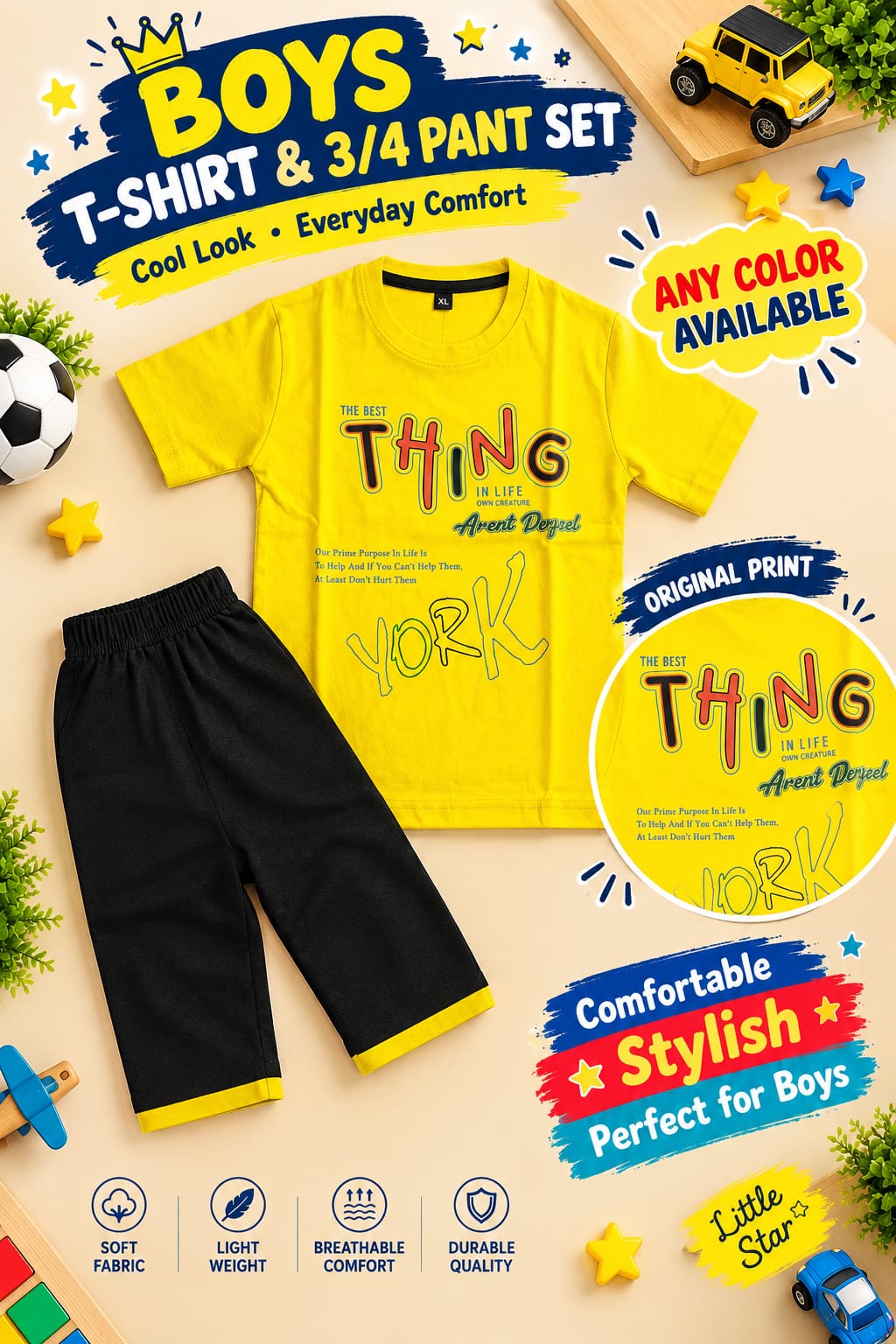 1yrs to 7yrs(4 size) (Random Colour & Print) Boys Printed T-Shirt & 3/4 Pant Set – Casual Kidswear