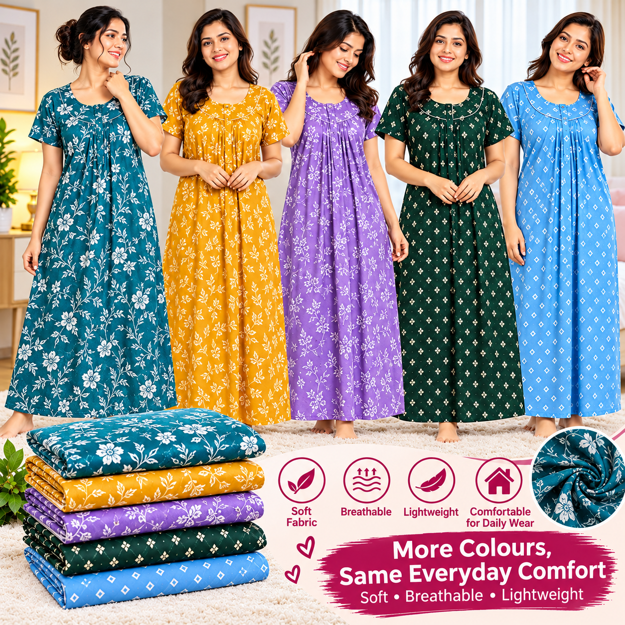 Mixed Combo Women’s Printed Nighty – Comfortable Daily Wear Nightdress