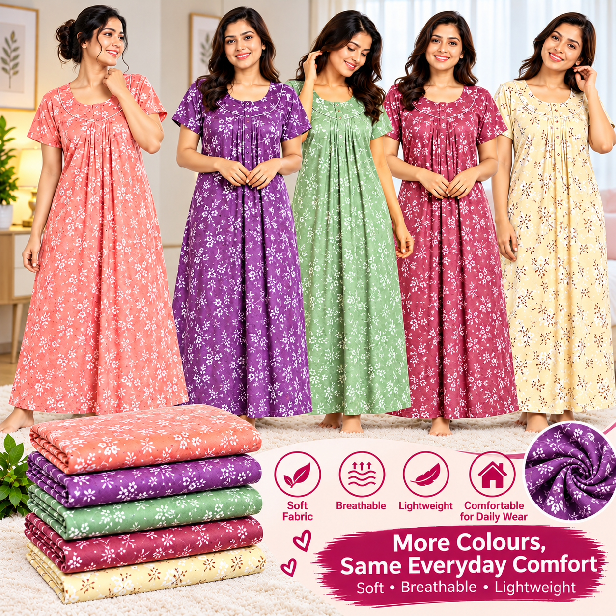 Mixed Combo Women’s Printed Nighty – Comfortable Daily Wear Nightdress