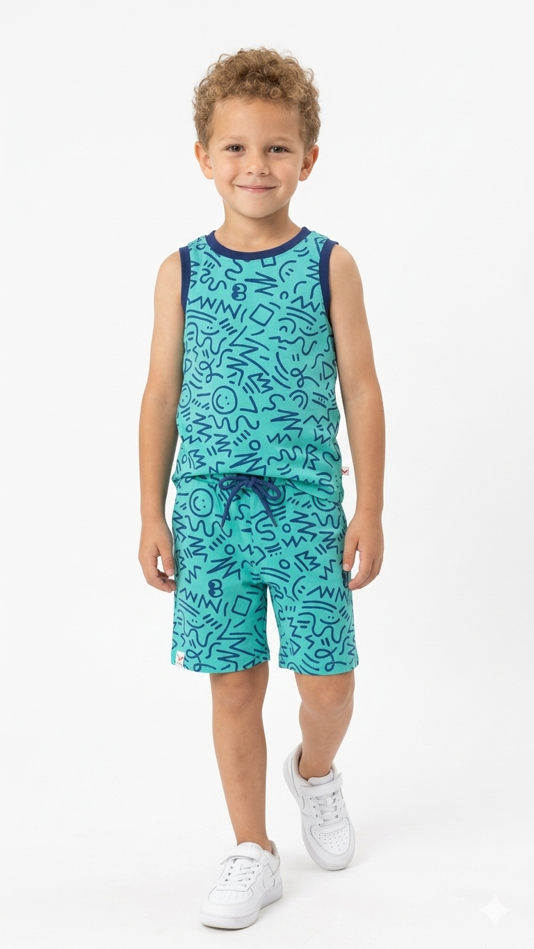 YUKTH KIDS Boys All Over Print Vest and Shorts Set.