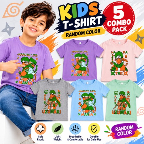 ( 2yrs to 4yrs ) 5 Pieces Combo Pack Random Colours Kids Anime Graphic Printed T-Shirt – 5 Pieces Combo Pack Random Colours