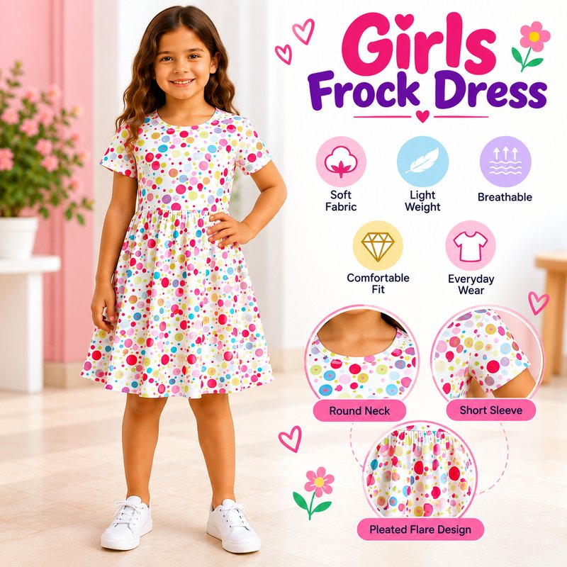 ( 2yrs to 10yrs ) Random Color Girls Multicolor Polka Dot Printed Short Sleeve Frock Dress