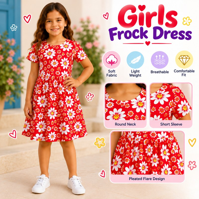 ( 2yrs to 10yrs ) Red Floral Printed Girls’ Frock Dress – Short Sleeve Round Neck Kidswear