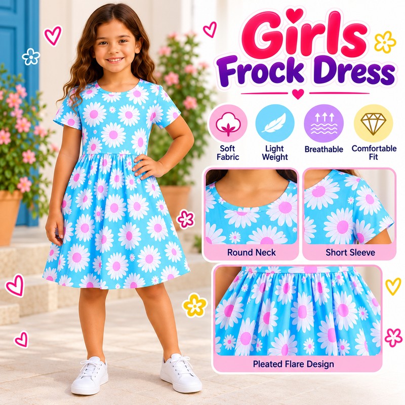 ( 2yrs to 10yrs ) Sky Blue Floral Printed Girls’ Frock Dress – Short Sleeve Round Neck Kidswear