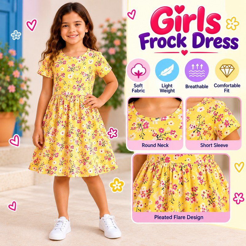 ( 2yrs to 10yrs ) Girls Yellow Floral Printed Frock Dress – Short Sleeve Round Neck Flared Dress for Kids