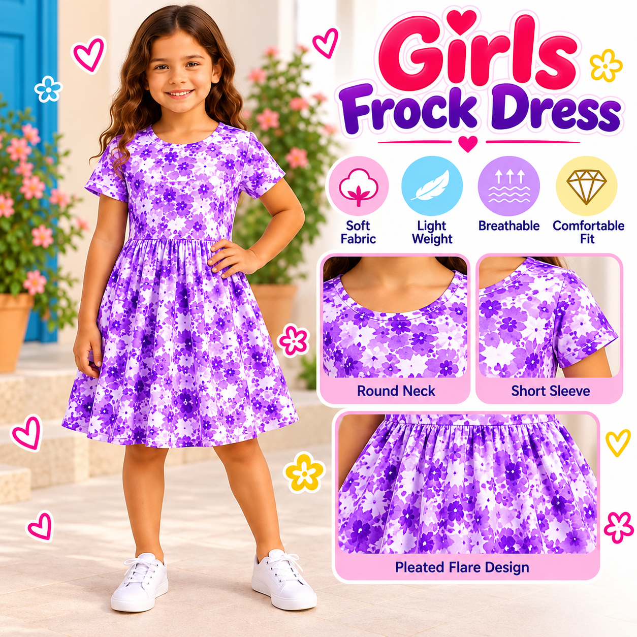 ( 2yrs to 10yrs ) Girls Purple Floral Printed Frock Dress – Short Sleeve Round Neck Flared Dress for Kids