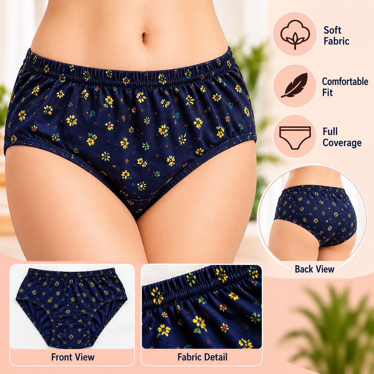 Women’s Navy Blue Printed Briefs – Soft Fabric, Comfortable Fit ( S Size )