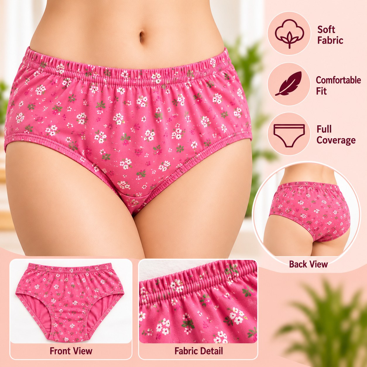 Women’s Pink Floral Print Cotton Briefs – Soft Fabric, Comfortable Fit ( M Size )