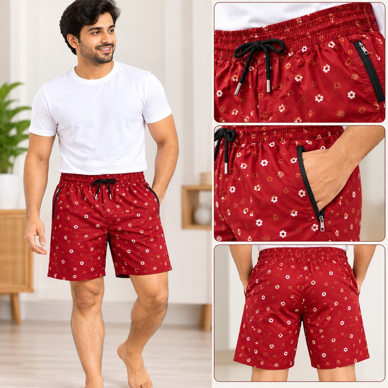 Men’s Printed Bermuda Shorts – Random Color with Elastic Waistband and Zip Pockets ( XL Size )
