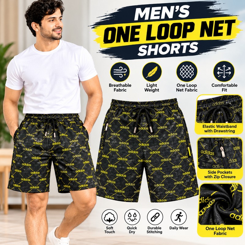 Men’s One Loop Net Shorts – Random Color Printed Design with Elastic Waistband and Zip Pockets ( XXXL Size )