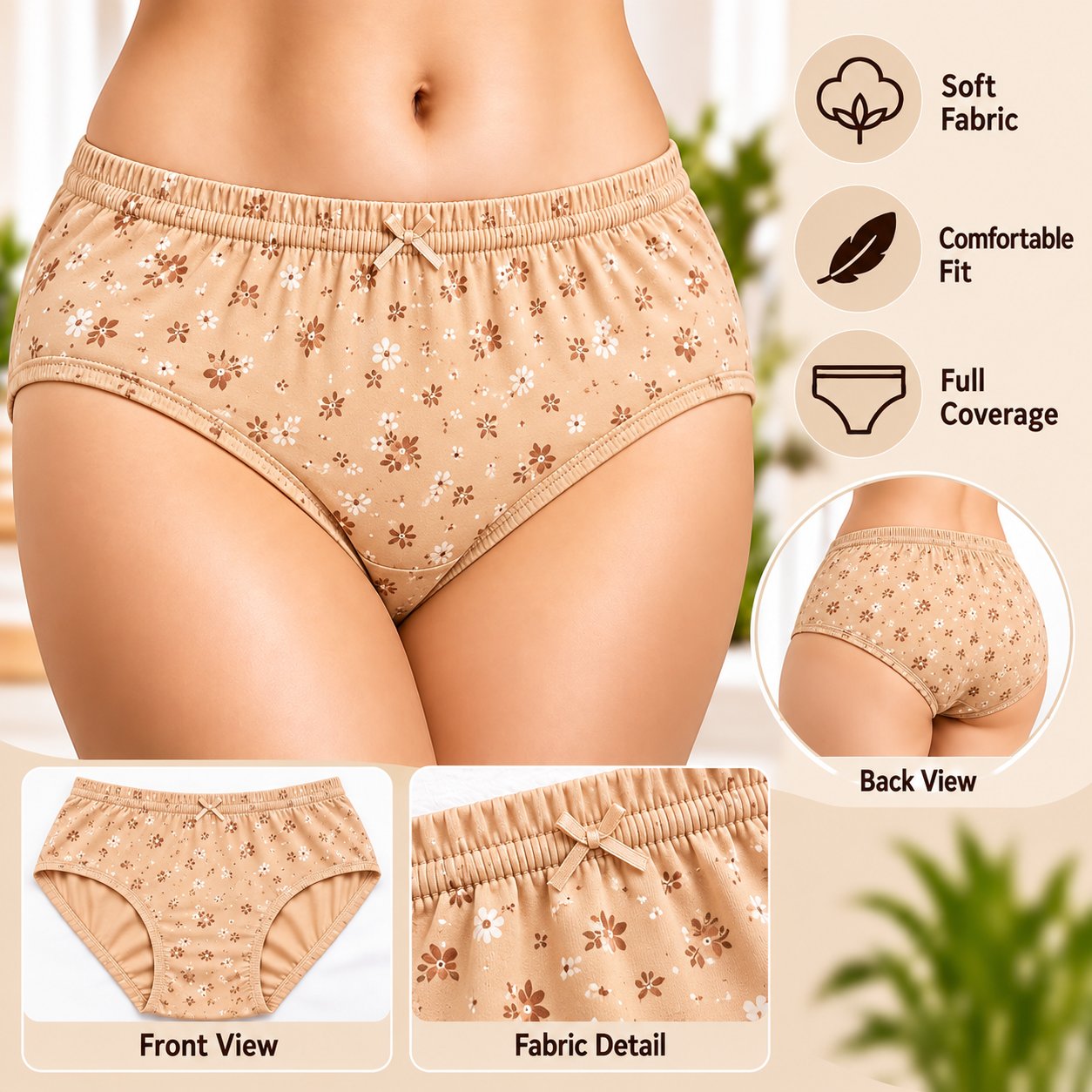 Women’s Nude Floral Print Panty – Soft Fabric, Comfortable Fit, Full Coverage ( XXL Size )