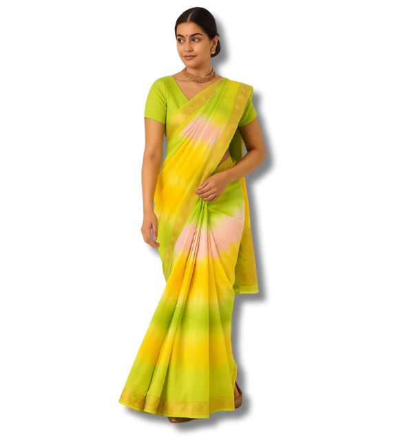 TIE DYE COTTON SAREE - L.PINK/YELLOW GREEN