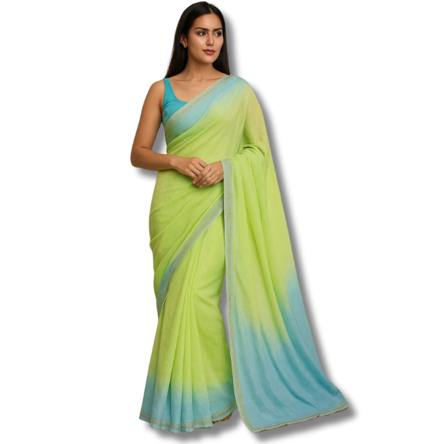 TIE DYE COTTON SAREE - GREEN/BLUE