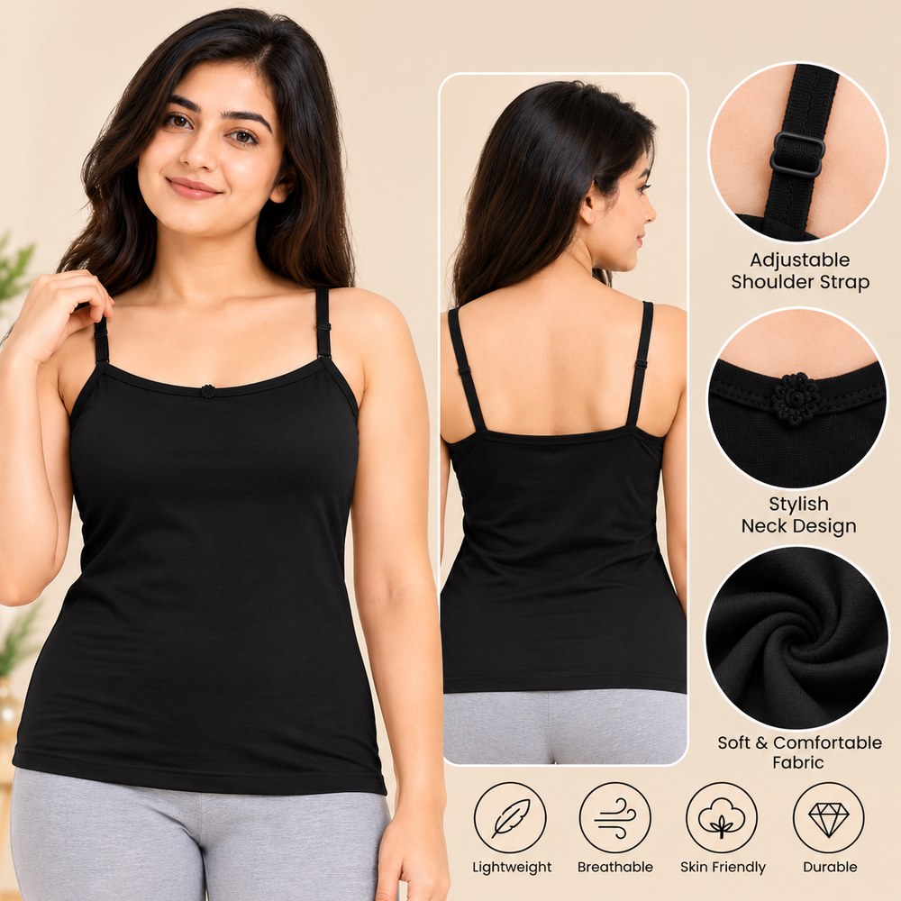 ( L Size ) Women's Black Camisole Top with Adjustable Straps – Soft & Comfortable Innerwear