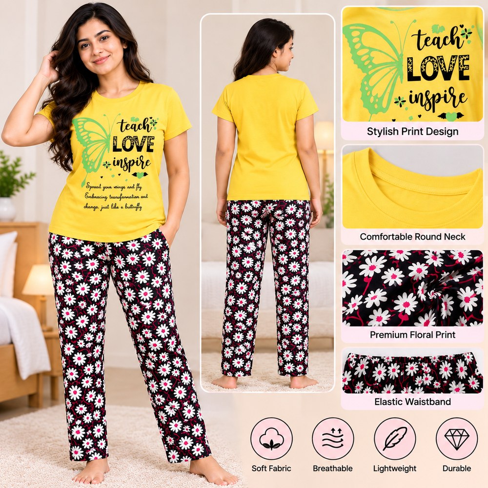 ( XXL Size ) Women's Yellow Graphic T-Shirt with Black Floral Pajama Pants – Comfortable Nightwear Set