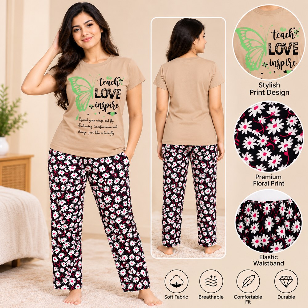 ( S Size ) Women's Beige Graphic T-Shirt with Black Floral Pajama Pants – Stylish Nightwear Set