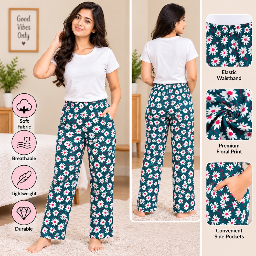 ( XL Size )  Women's Teal Floral Printed Pajama Pants with Pockets – Comfortable Wide-Leg Lounge Wear