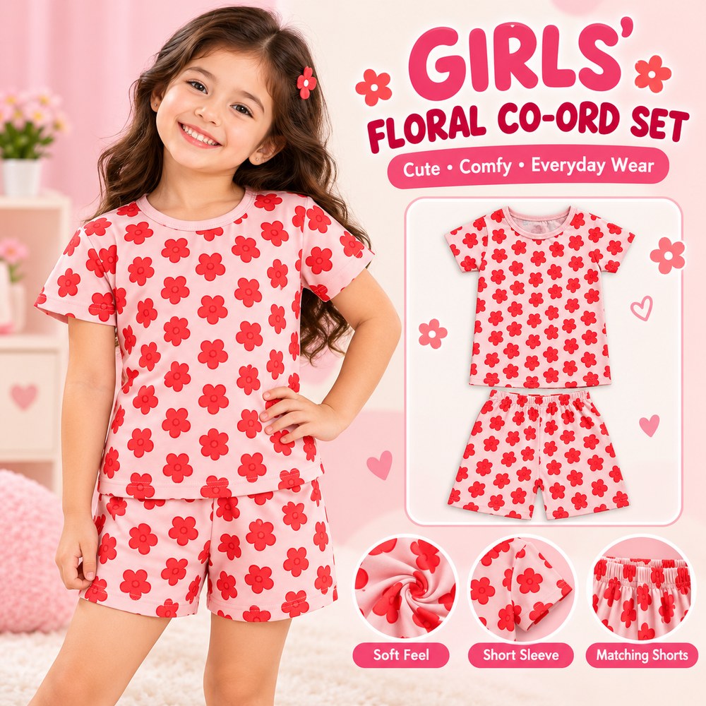 Girls Pink Flower Print Cotton T-Shirt and Shorts Set – 2 Piece Kidswear