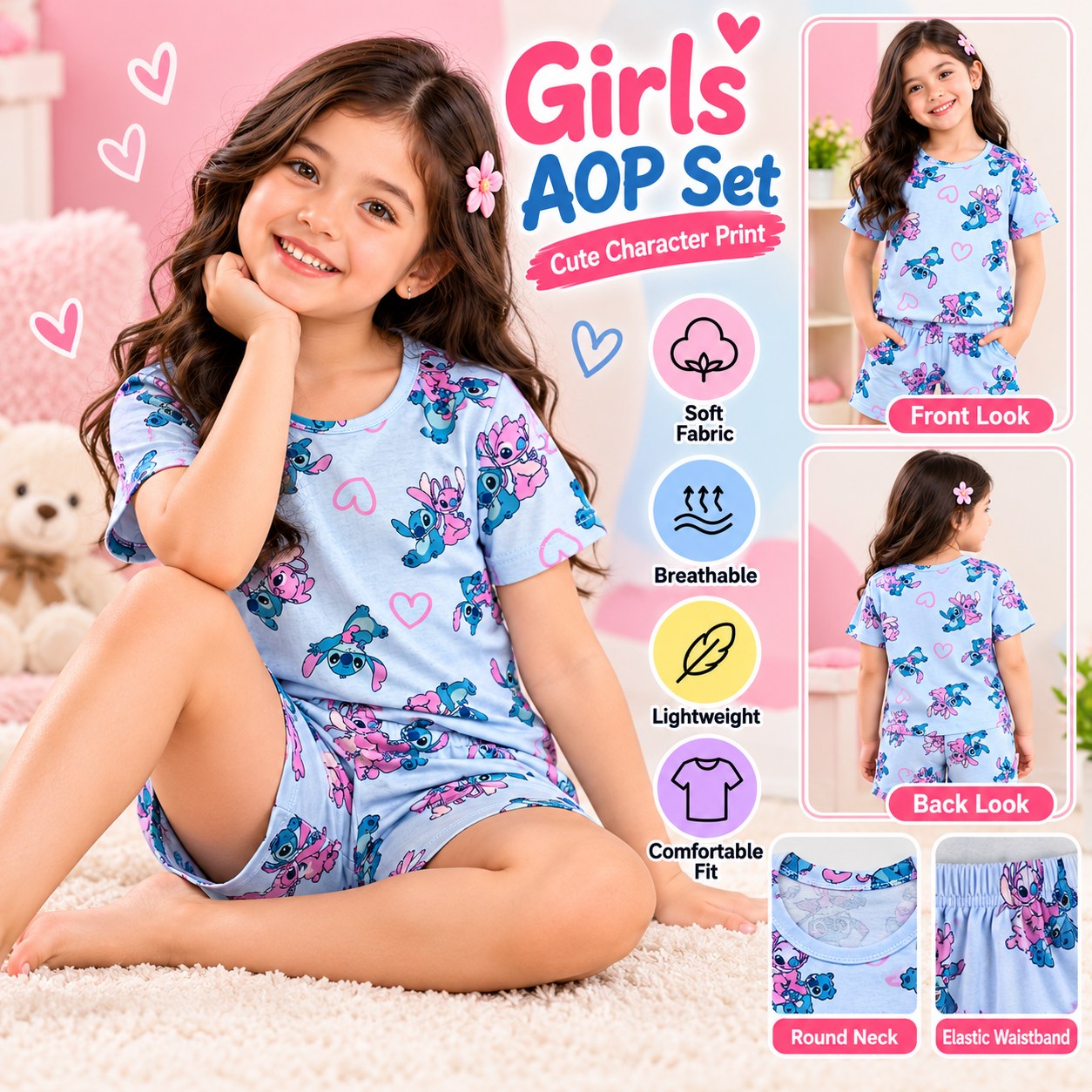 Girls Blue Stitch Character Print AOP T-Shirt and Shorts Set – 2 Piece Kidswear