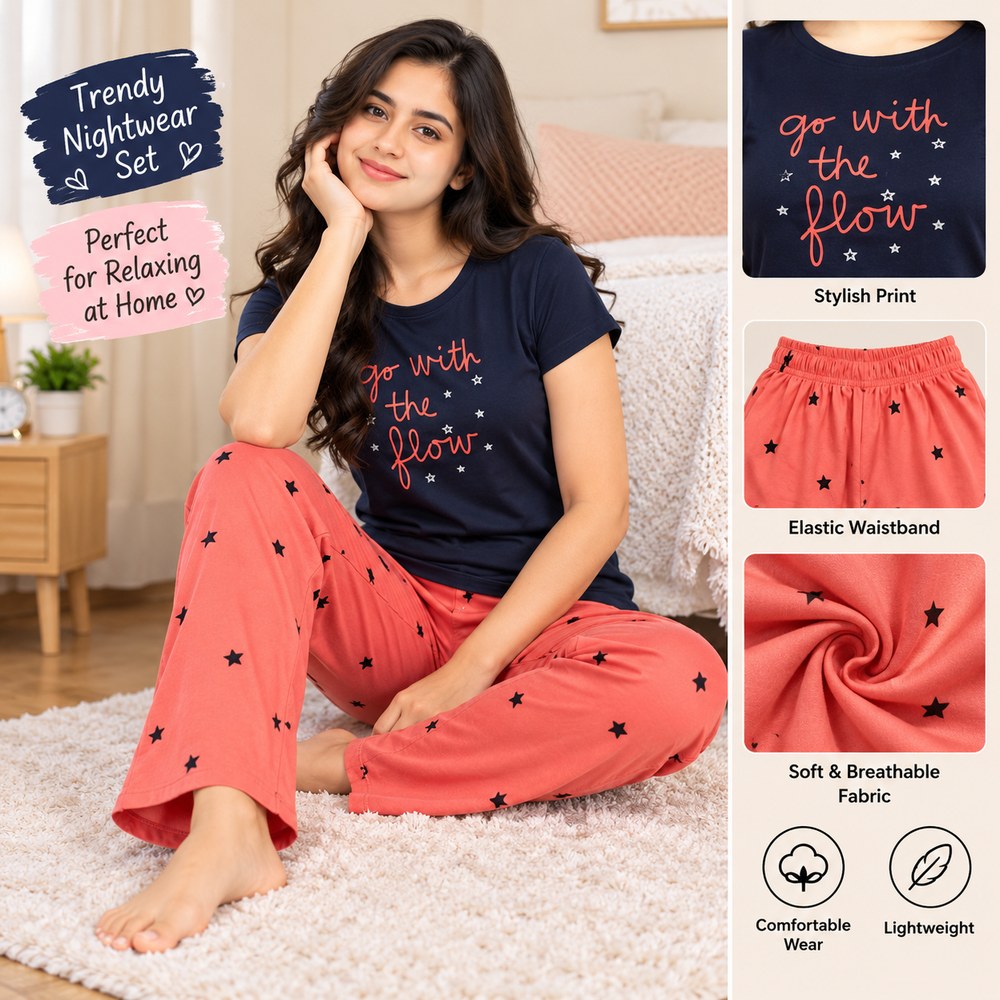 Women's Navy Blue T-Shirt and Coral Star Print Pajama Set – Comfortable Nightwear