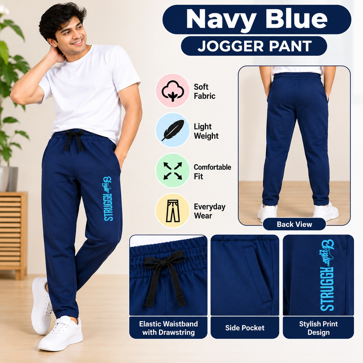 Men's Navy Blue Jogger Pants with Drawstring Waist, Side Pockets & Stylish Print