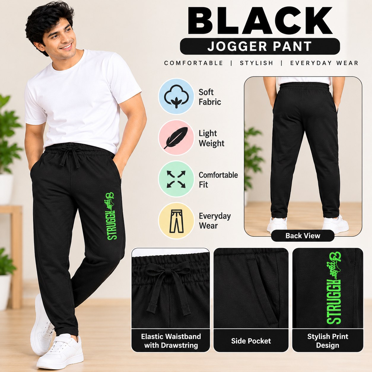 Men's Black Jogger Pants with Green Print – Comfortable Casual Track Pants